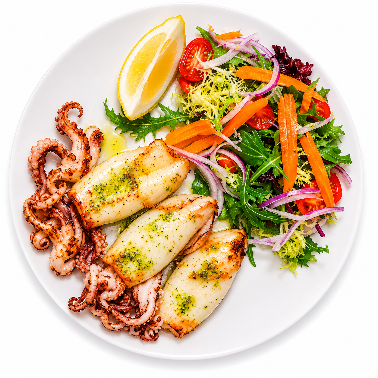 Calamar a la plancha y ensalada